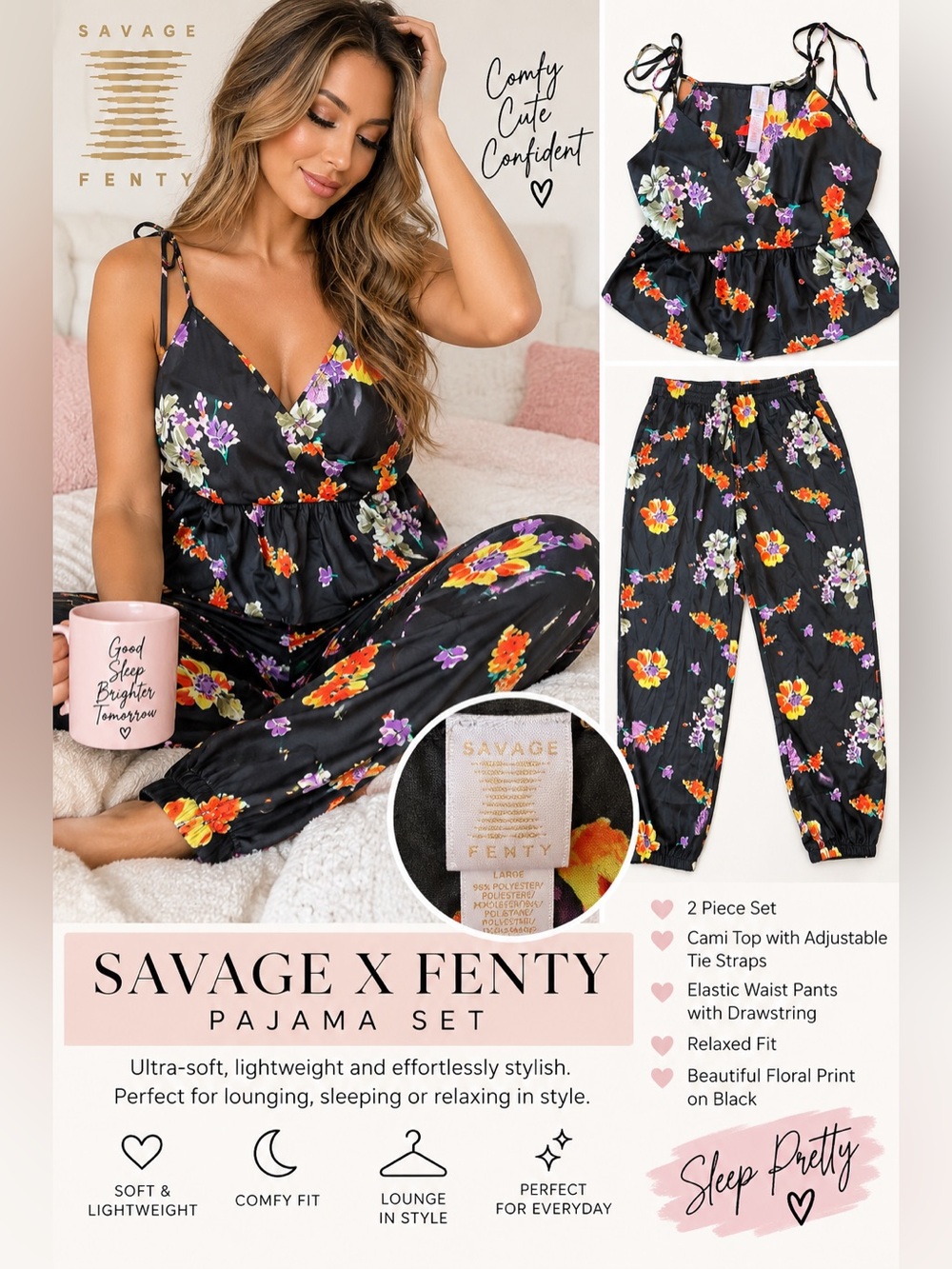 Savage X Fenty Floral Satin Pajama Set Size Large 2 Piece Cami & Jogger Pants